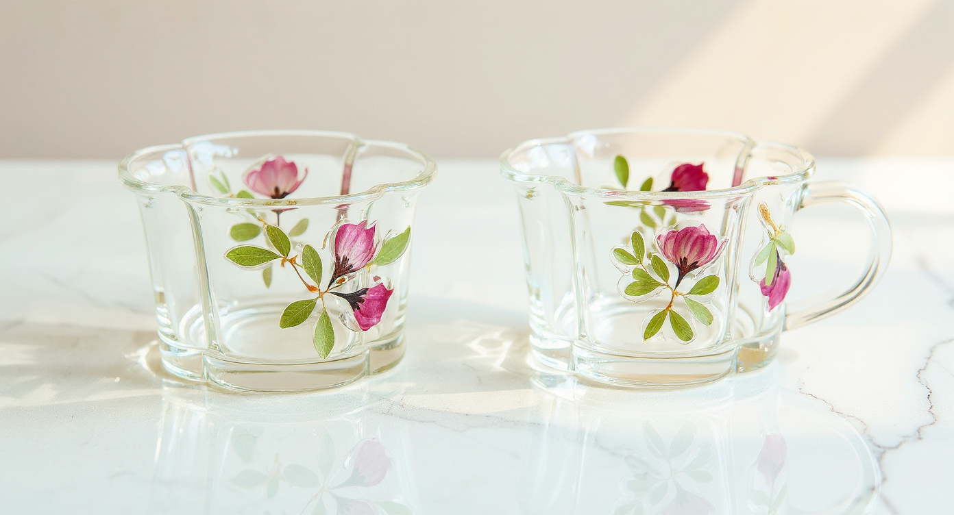 Overhead handcrafted pressed flower relief glass coffee cup and saucer with brass spoon.