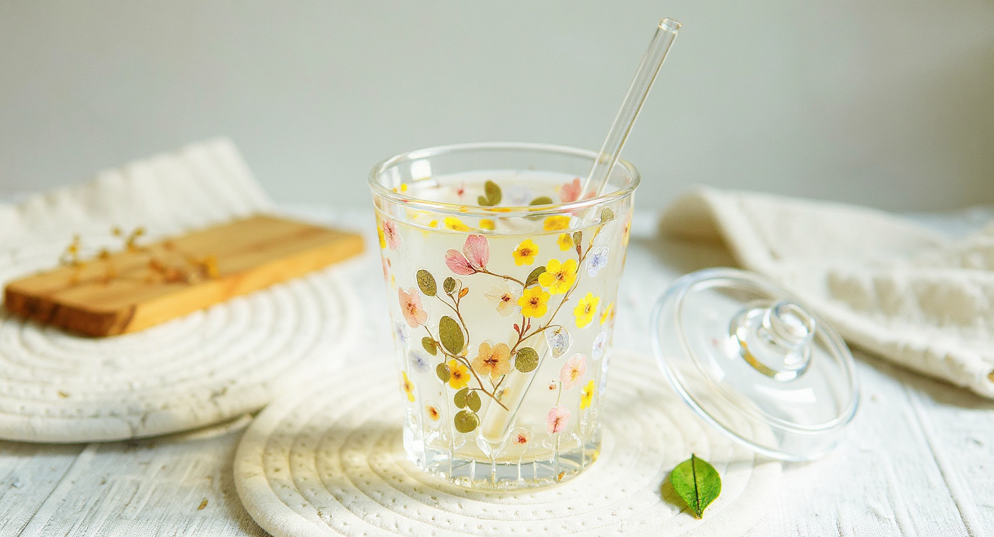 Top view of Handcrafted Preserved Flower Glass Cup with straw on wood slice, dried rose petals.