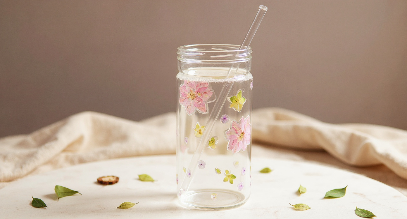 Handcrafted Preserved Flower Glass Cup with lid and eucalyptus on marble, close-up of embedded flowers.