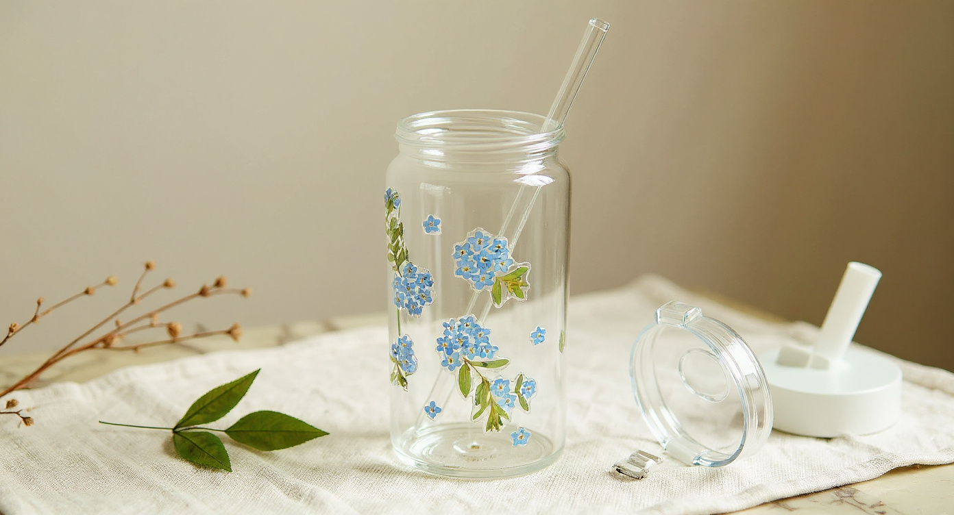 Handcrafted Preserved Flower Glass Cup 400ml on ceramic tray with eucalyptus and linen background