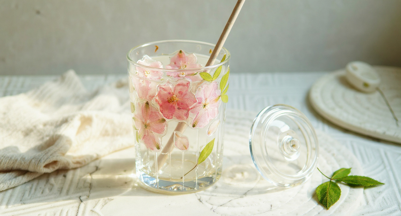 Handcrafted Preserved Flower Glass Cup 400ml with glass straw on wooden slice and ribbon