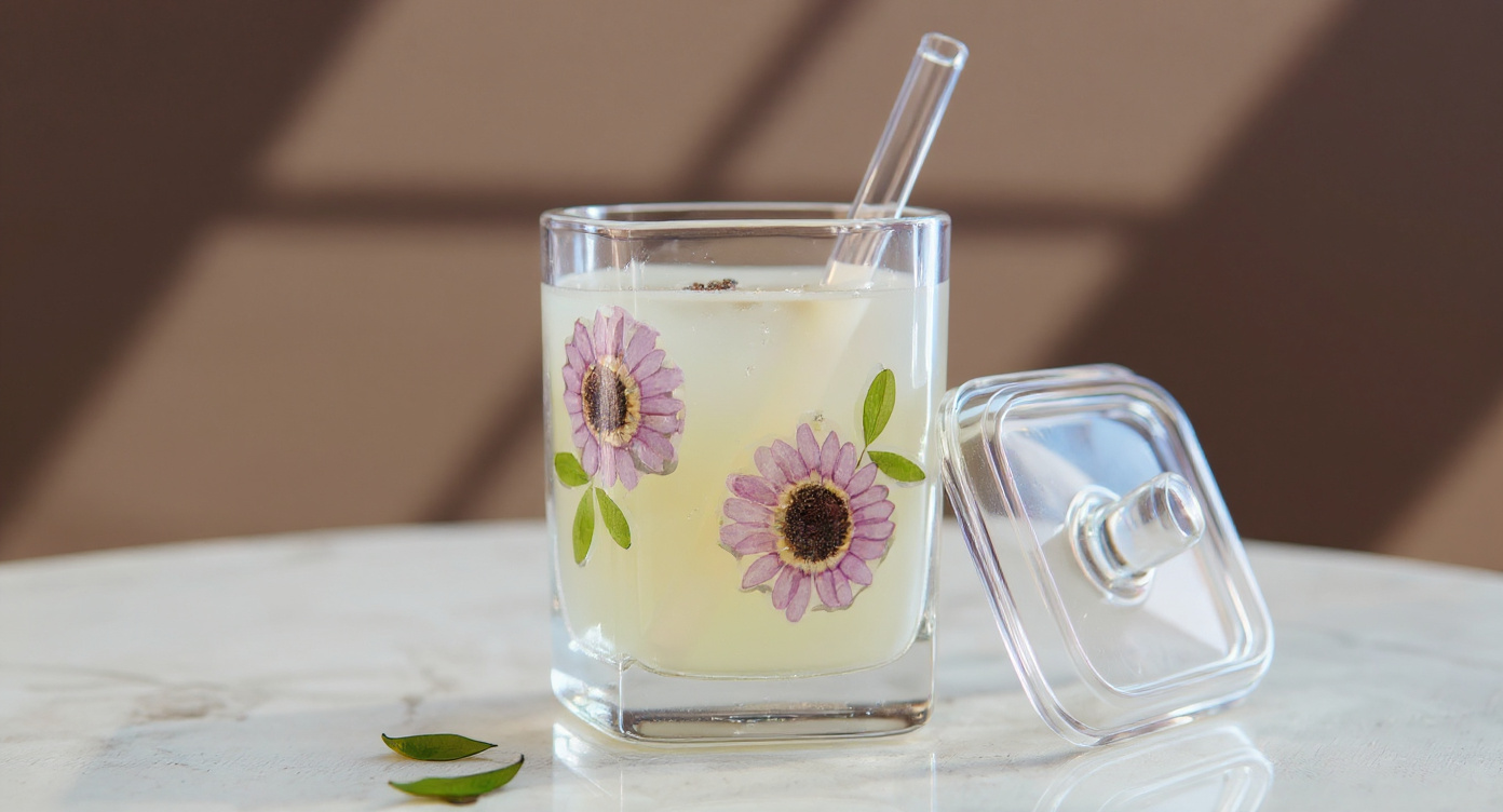 Handcrafted whiskey glass with real preserved flowers beside glass pitcher