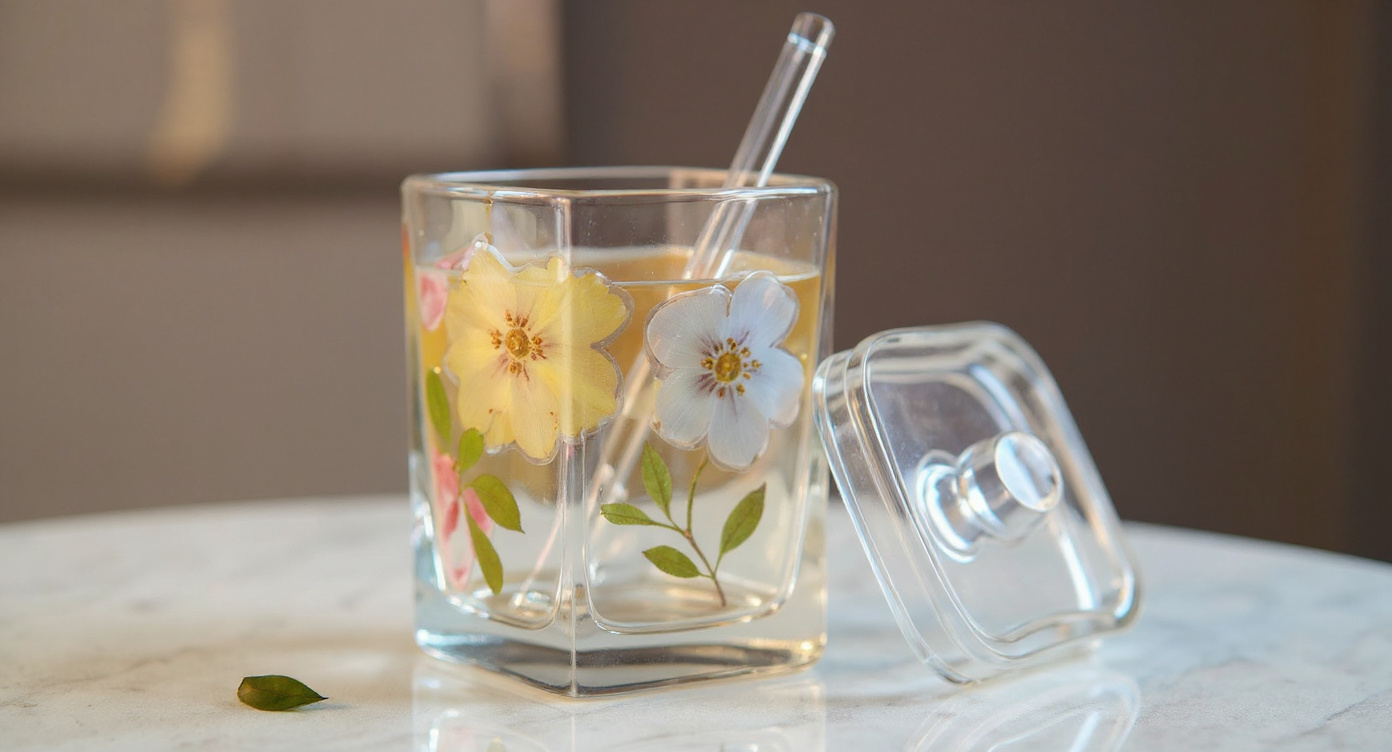 Handcrafted whiskey glass with real preserved flowers in open gift box