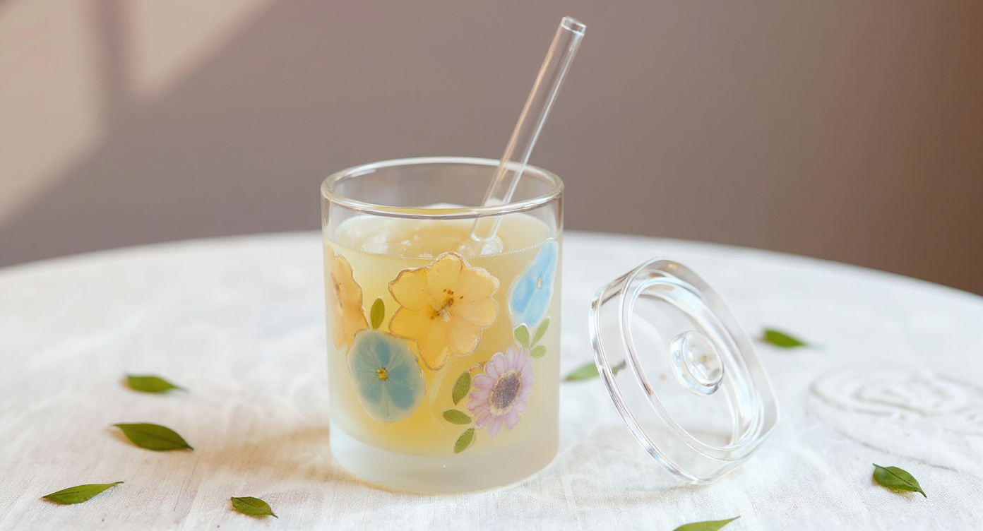 Handcrafted whiskey glass with real preserved flowers on rattan coaster