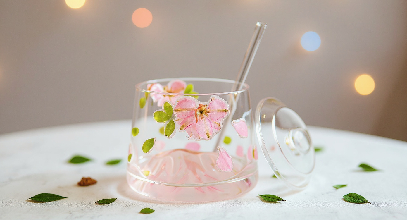 Premium Fuji Mountain Real Flower Whiskey Glass 400ml Handcrafted Preserved Floral Relief Heat-Resistant Gift beside ceramic teapot