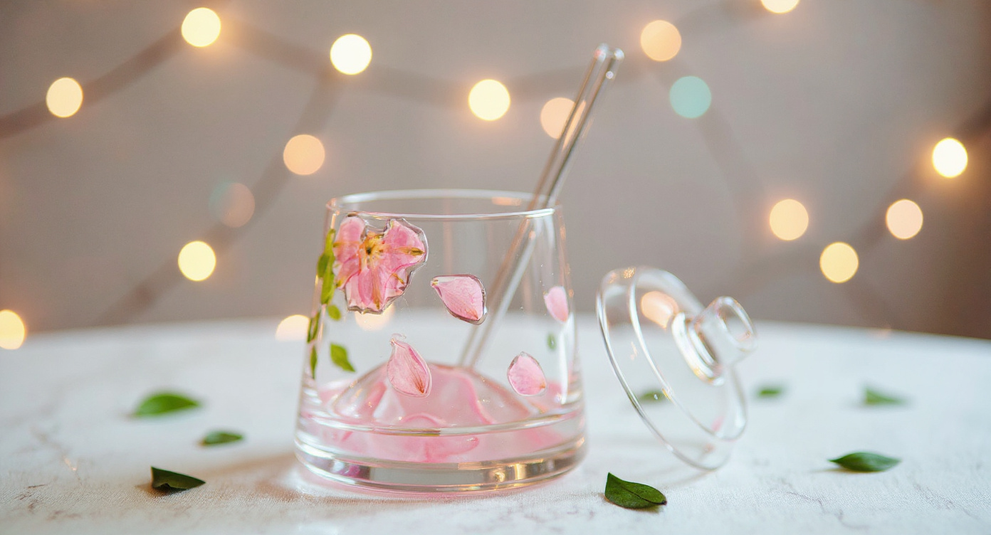 Premium Fuji Mountain Real Flower Whiskey Glass 400ml Handcrafted Preserved Floral Relief Heat-Resistant Gift on rattan coaster