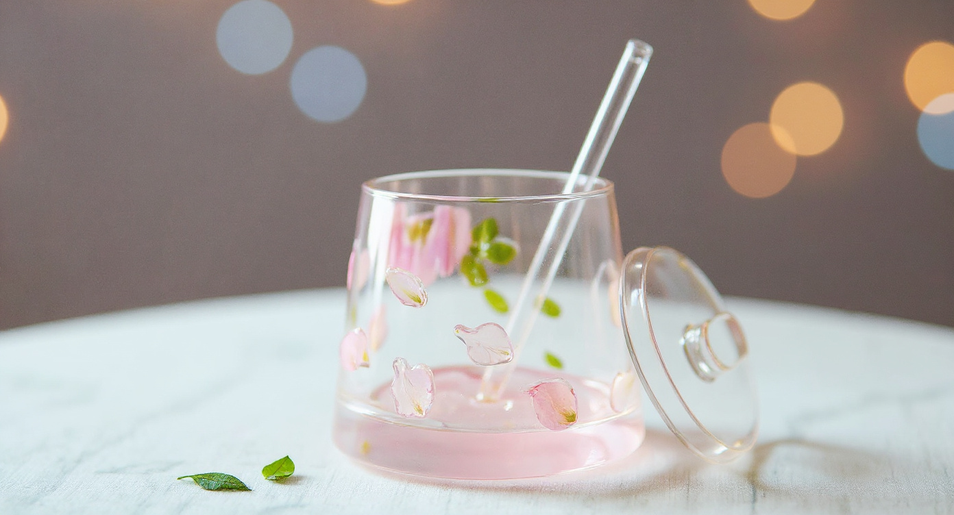 Premium Fuji Mountain Real Flower Whiskey Glass 400ml Handcrafted Preserved Floral Relief Heat-Resistant Gift with dried petals