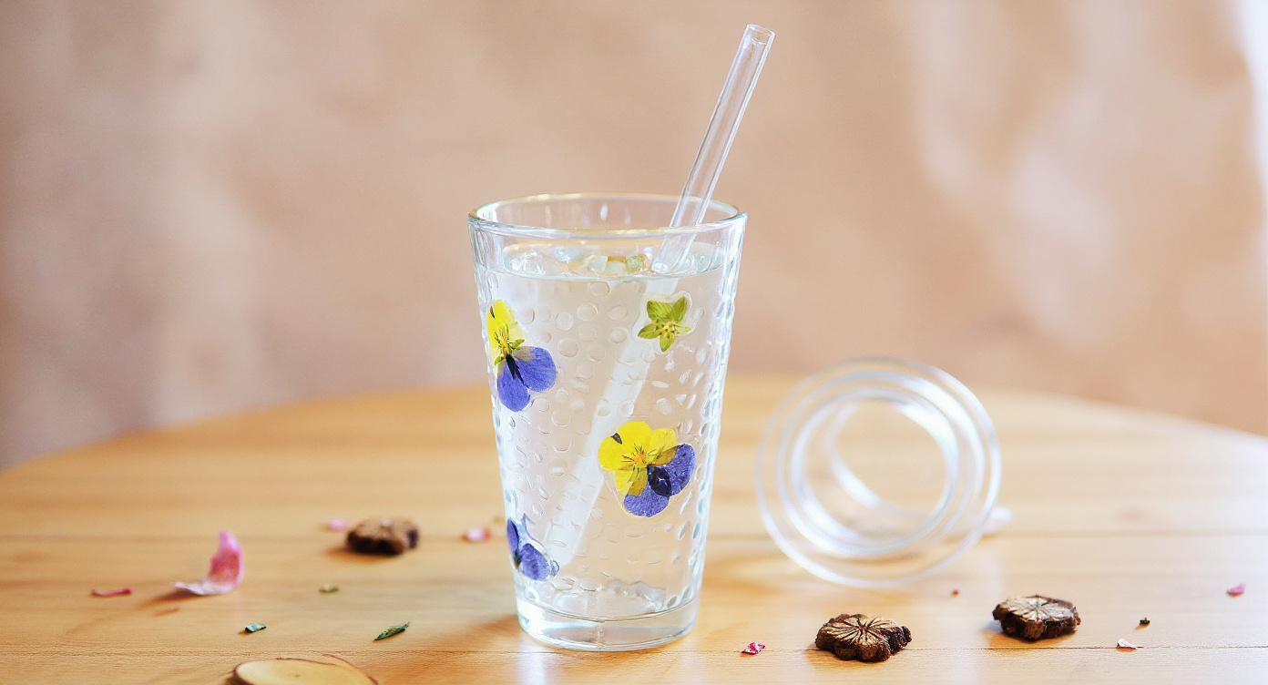 Handmade Real Flower Glass Cup with straw on marble beside teapot and eucalyptus