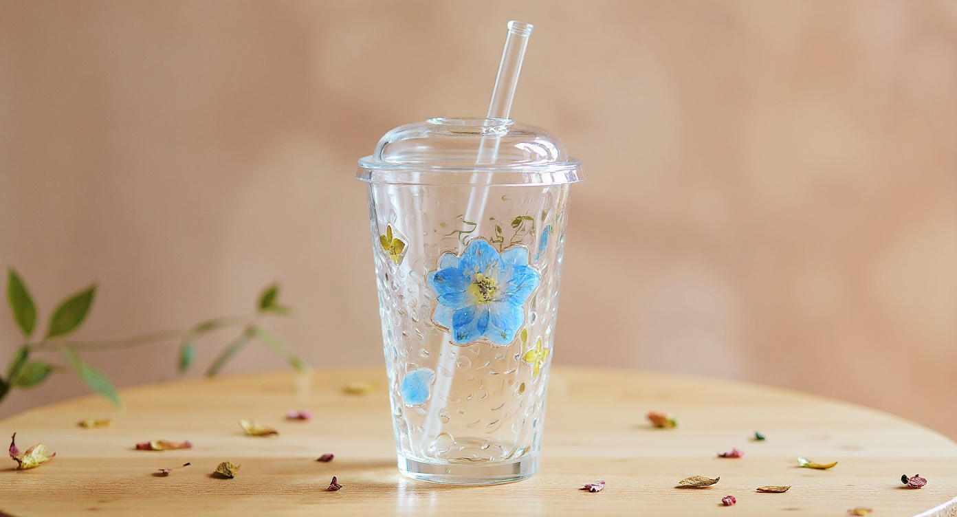 Handmade Real Flower Glass Cup with glass straw on linen with dried petals and eucalyptus