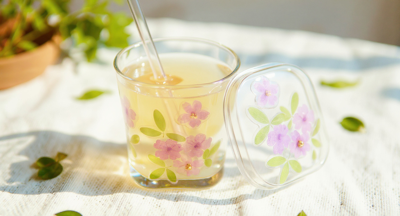 Handcrafted Preserved Flower Glass Cup with glass straw and ceramic teapot on marble
