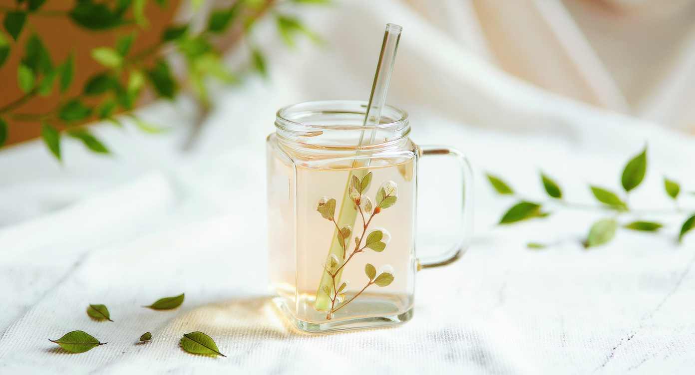Overhead view of Handcrafted Preserved Flower Glass Cup with lid and straw on linen