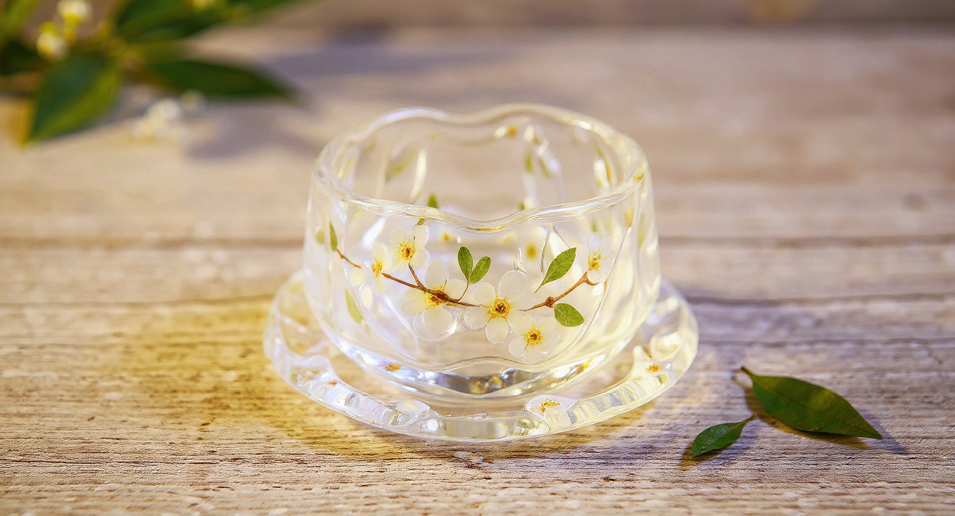 Handmade Glass Tea Cup Real Pearl Plum Flowers | Eco Resin 60ml Gongfu Master Cup on bamboo tea board