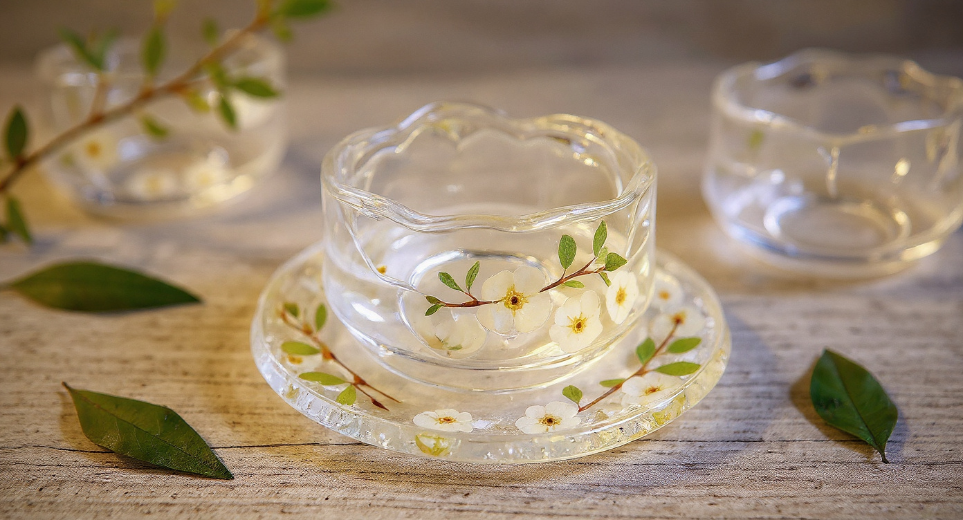 Handmade Glass Tea Cup Real Pearl Plum Flowers | Eco Resin 60ml Gongfu Master Cup on stone
