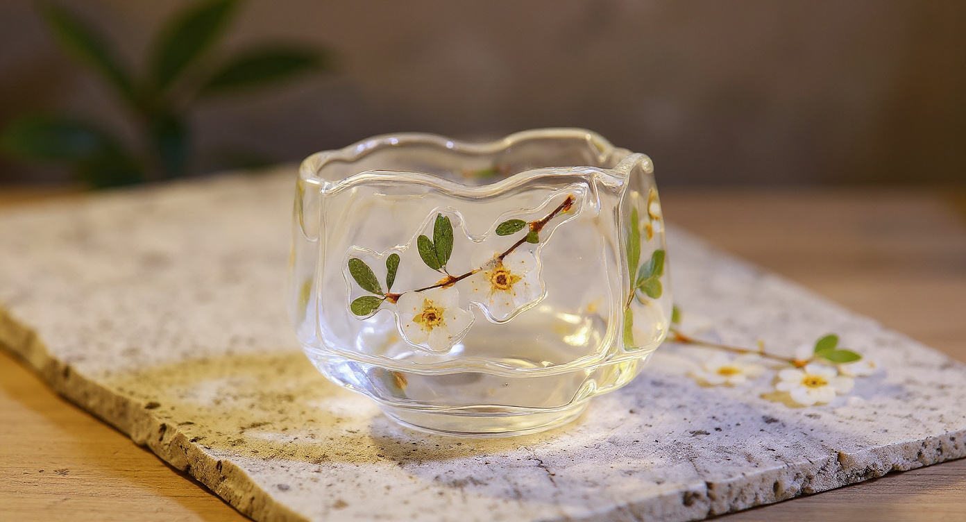 Handmade Glass Tea Cup Real Pearl Plum Flowers | Eco Resin 60ml Gongfu Master Cup on linen cloth