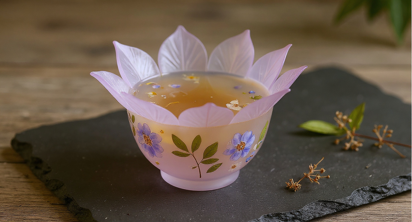Handmade Eco Resin Tea Cup Real Flowers on wood tray with dried herbs and stone teapot