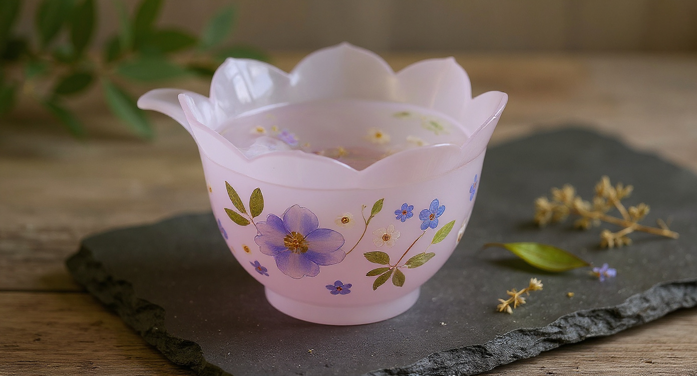 Handmade Eco Resin Tea Cup Real Flowers on slate with fresh lotus petals