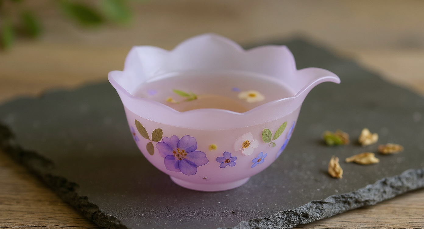 Handmade Eco Resin Tea Cup Real Flowers displayed on wood shelf with linen drape