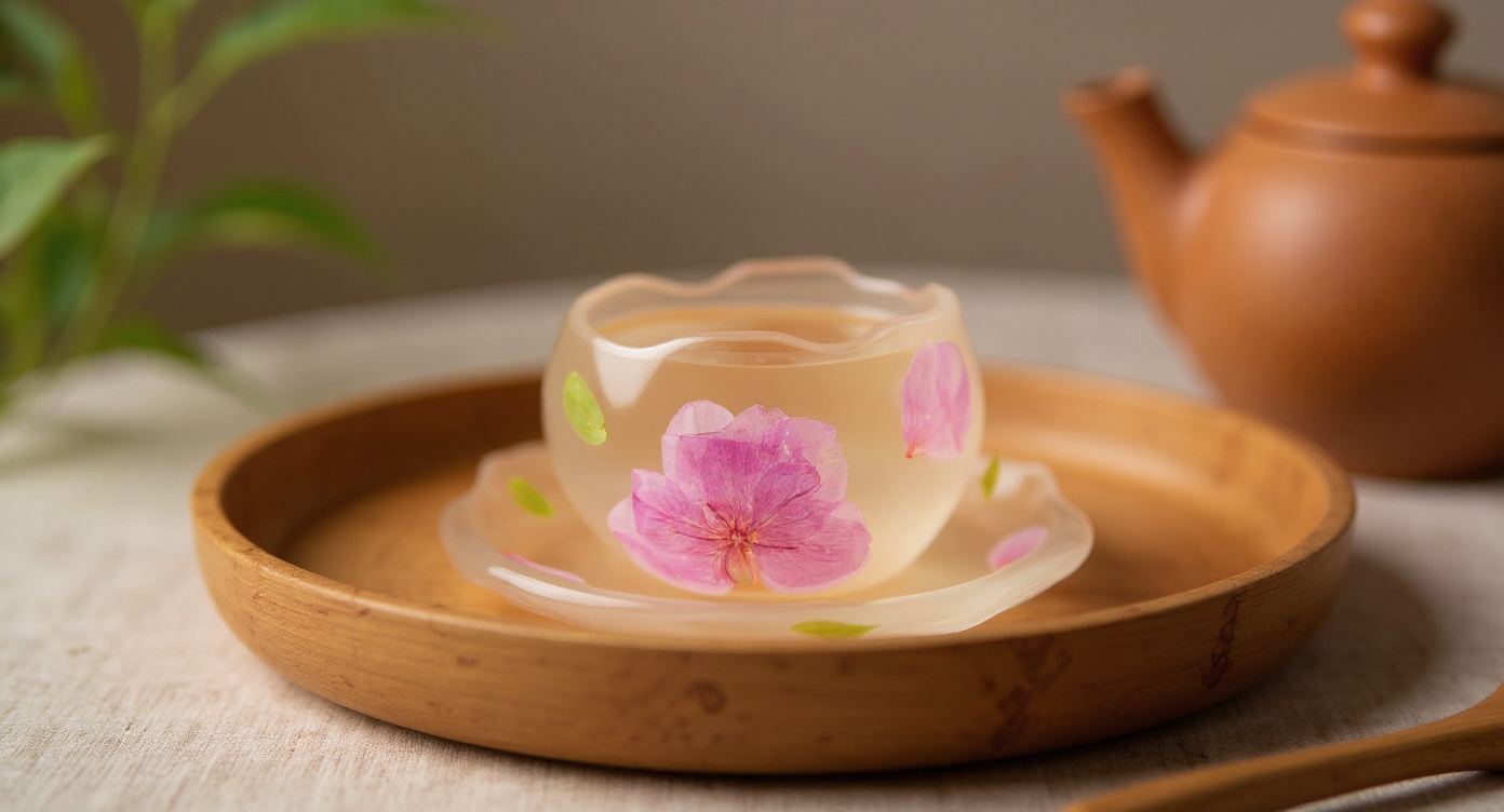Handmade Peach Blossom Tea Cup Real Flower Resin 60ml Master Cup on linen runner with celadon teapot