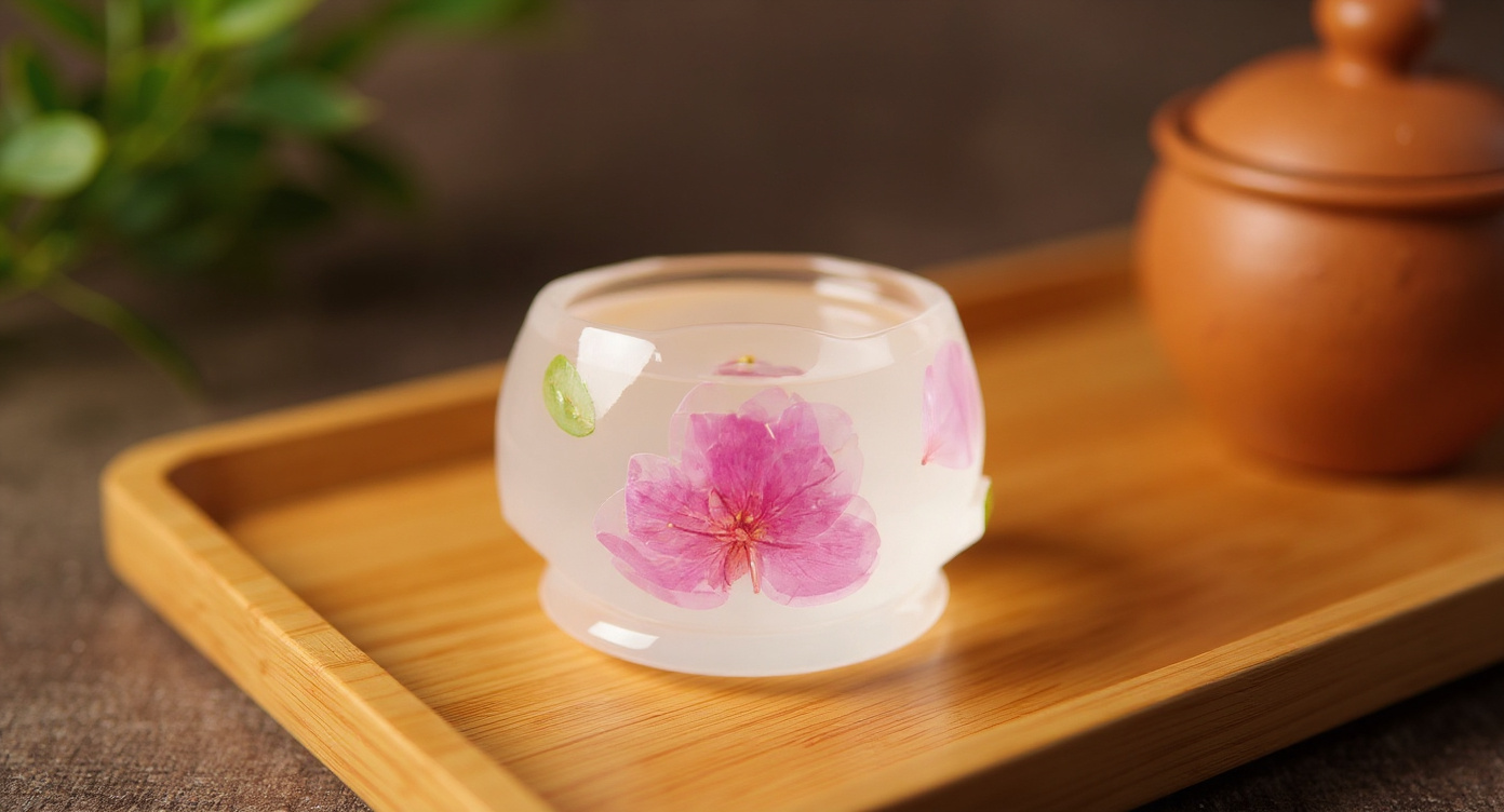 Handmade Peach Blossom Tea Cup Real Flower Resin 60ml Master Cup with candlelight and branches