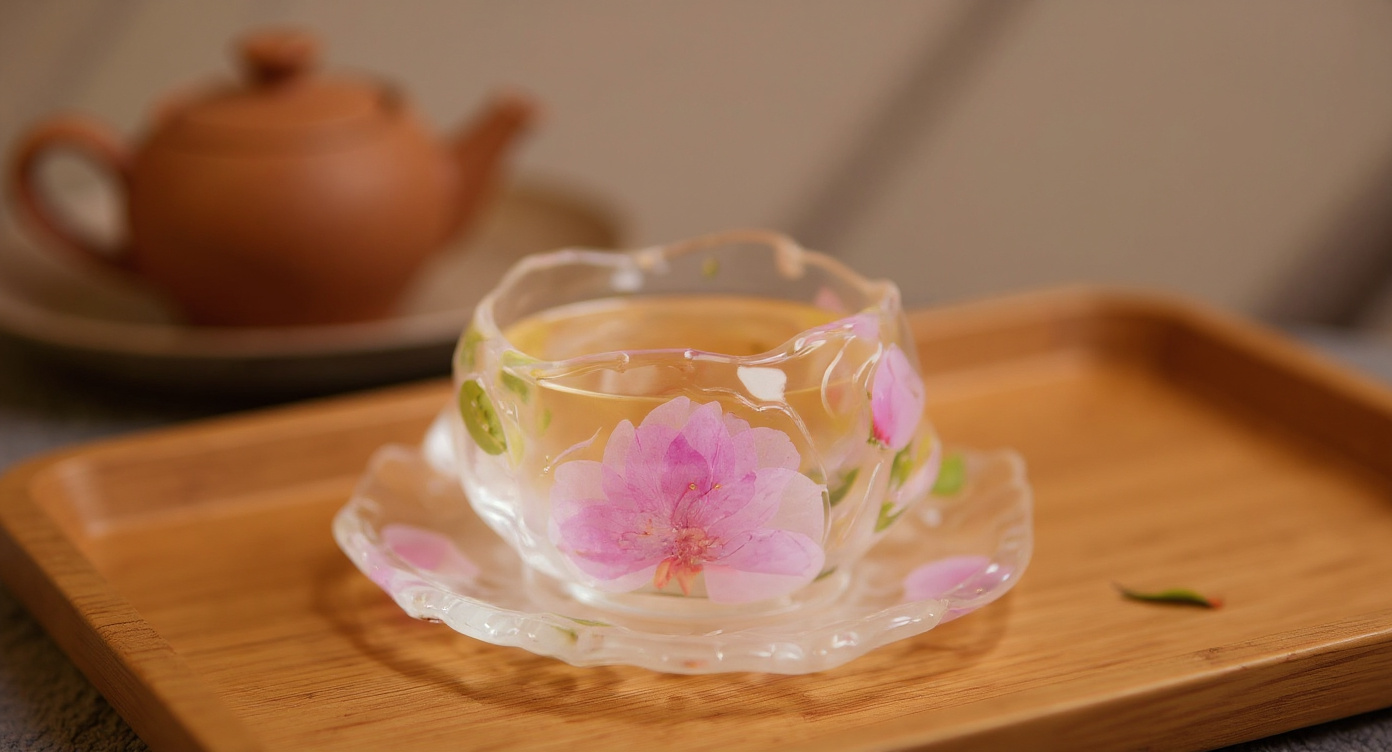 Handmade Peach Blossom Tea Cup Real Flower Resin 60ml Master Cup on sage green washi paper