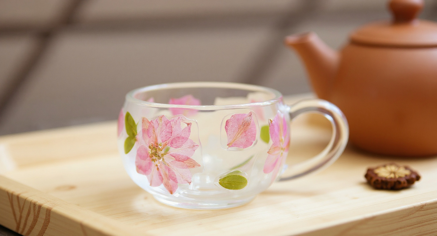 Handmade Cherry Blossom Glass Tea Cup on washi paper with incense holder