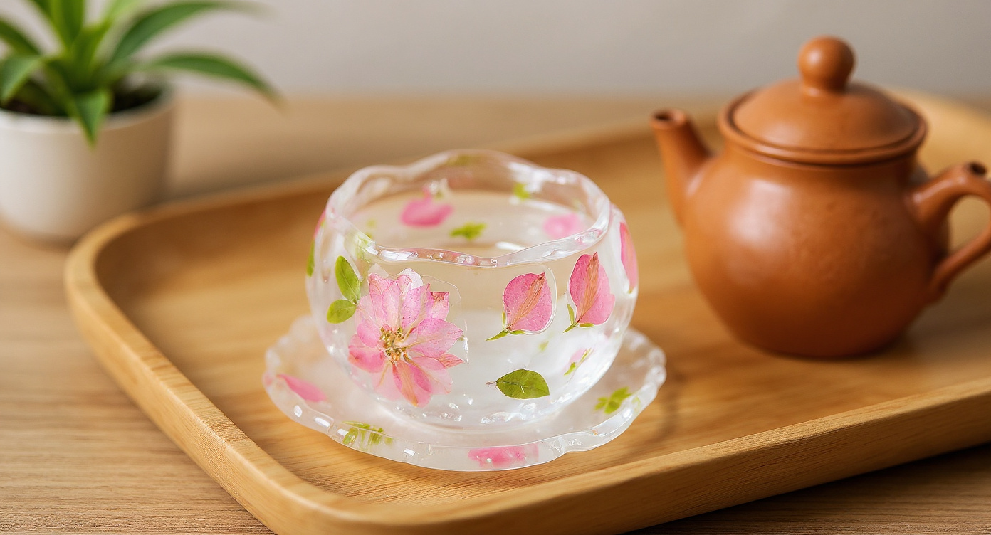 Handmade Cherry Blossom Glass Tea Cup with dried petals and clay teapot