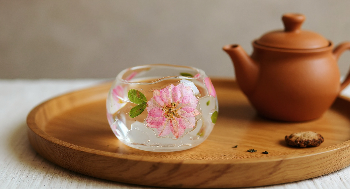 Handmade Cherry Blossom Glass Tea Cup with fresh blossom stem on linen background