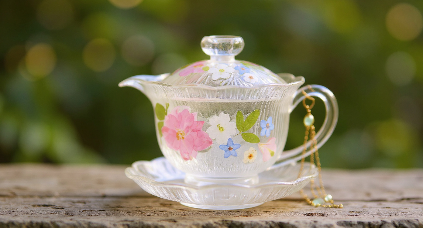 Handmade lotus glass tea set on bamboo mat with fresh lotus buds