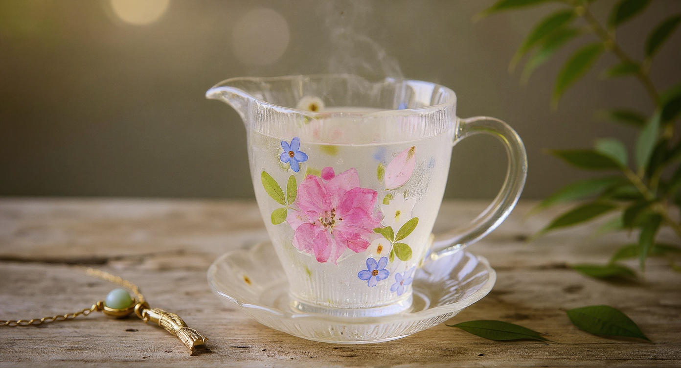 Lotus glass teacup rim detail showing real pressed flowers and clear interior