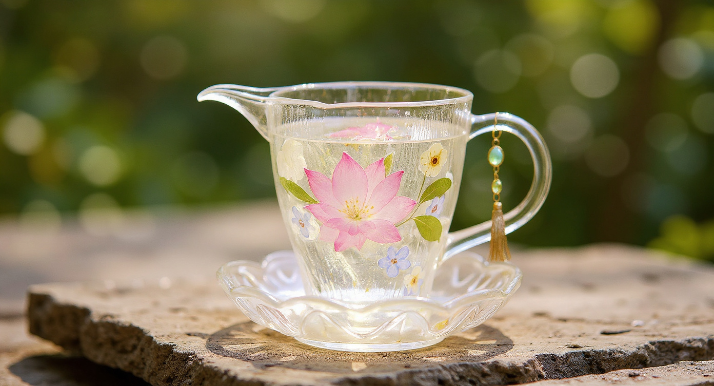 Handmade lotus glass tea set with tassel on raw silk cloth