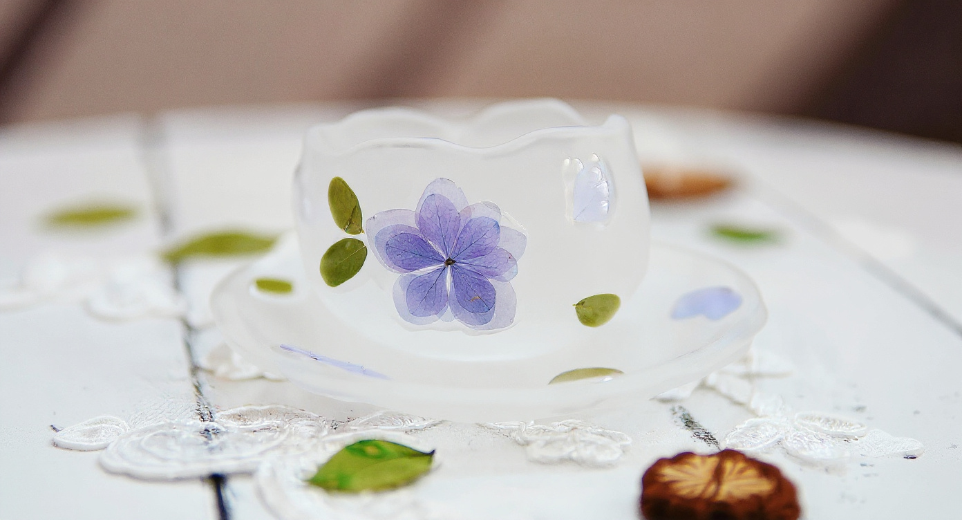 Handmade Floating Flower Teacup Set with real blue hydrangea on washi paper tea tray.