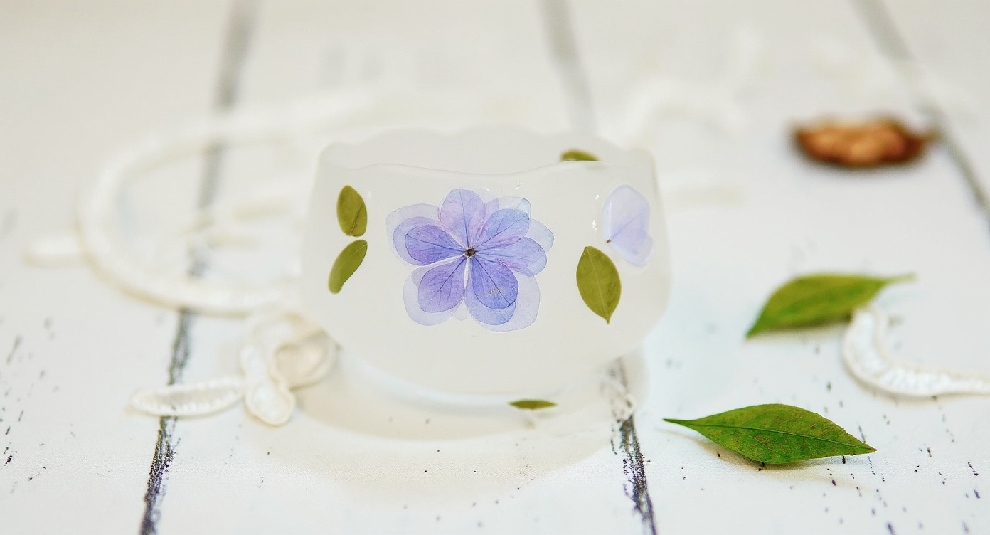 Frosted glass teacup with real blue hydrangea and matching saucer on minimalist wooden tray.