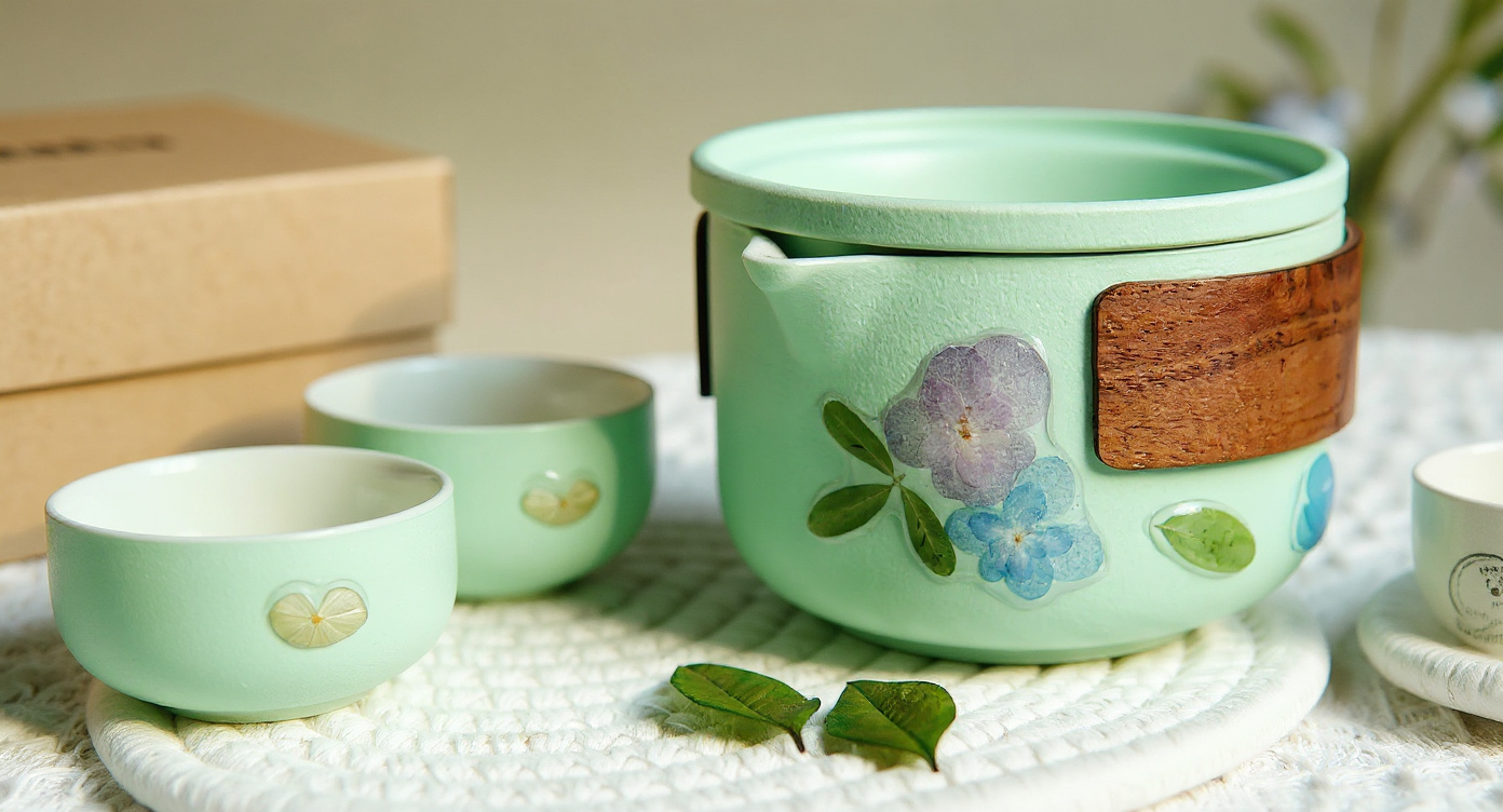 Handmade Travel Tea Set on weathered wood tray with glass teapot amber tea