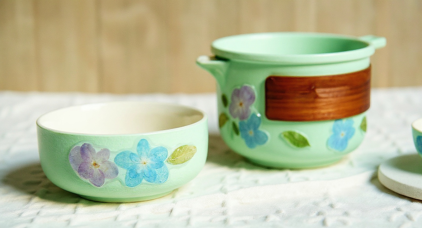 Handmade Travel Tea Set with eco-kraft gift box on sage linen