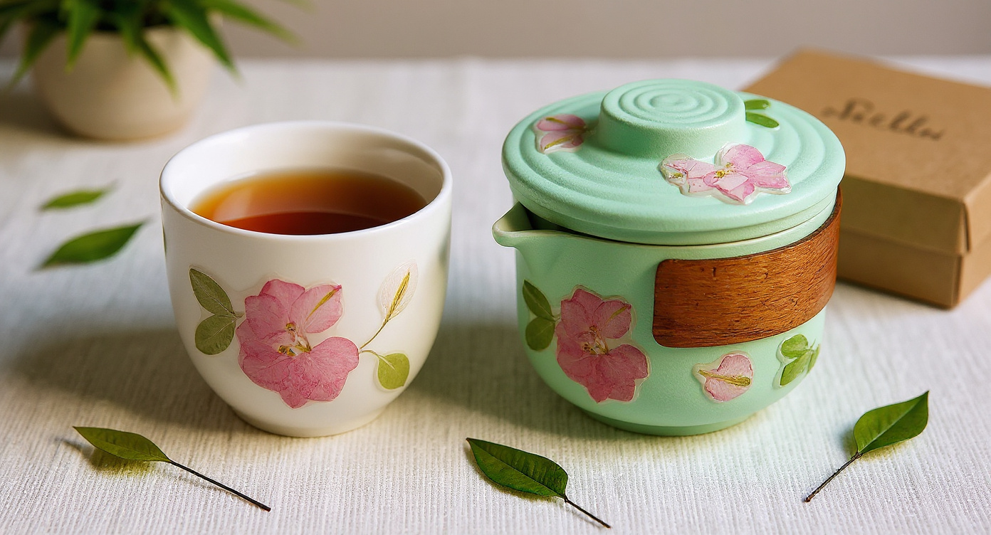 Real flower porcelain gaiwan cup with raised dried petals on reclaimed wood