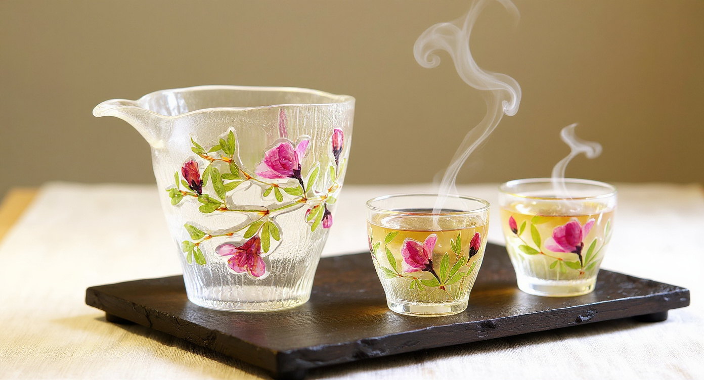 Handmade Rose Petal Glass Gaiwan brewing tea with steam and rose buds.