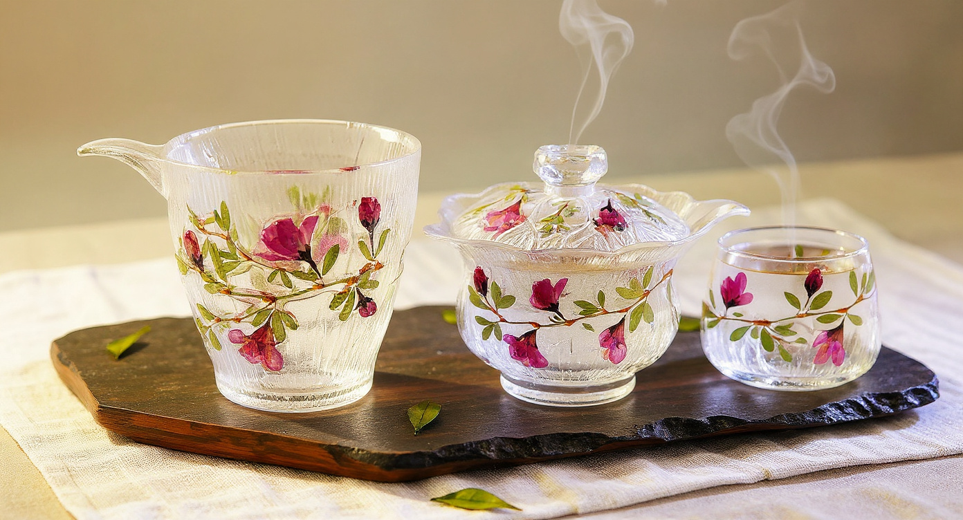 Handmade Rose Petal Glass Tea Set flat lay with dried lotus and rose buds.