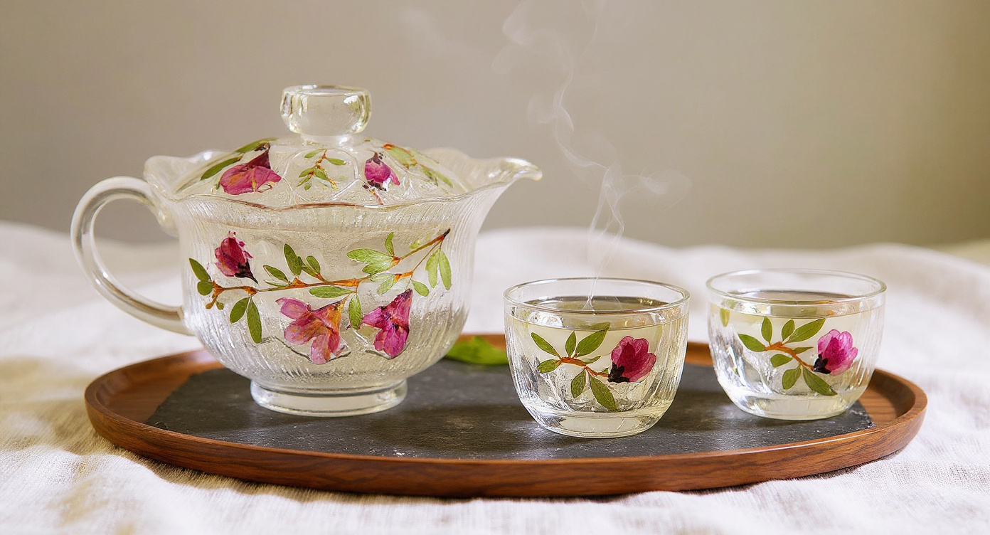 Handmade Rose Petal Glass Tea Set displayed in warm candlelight on wooden tray.