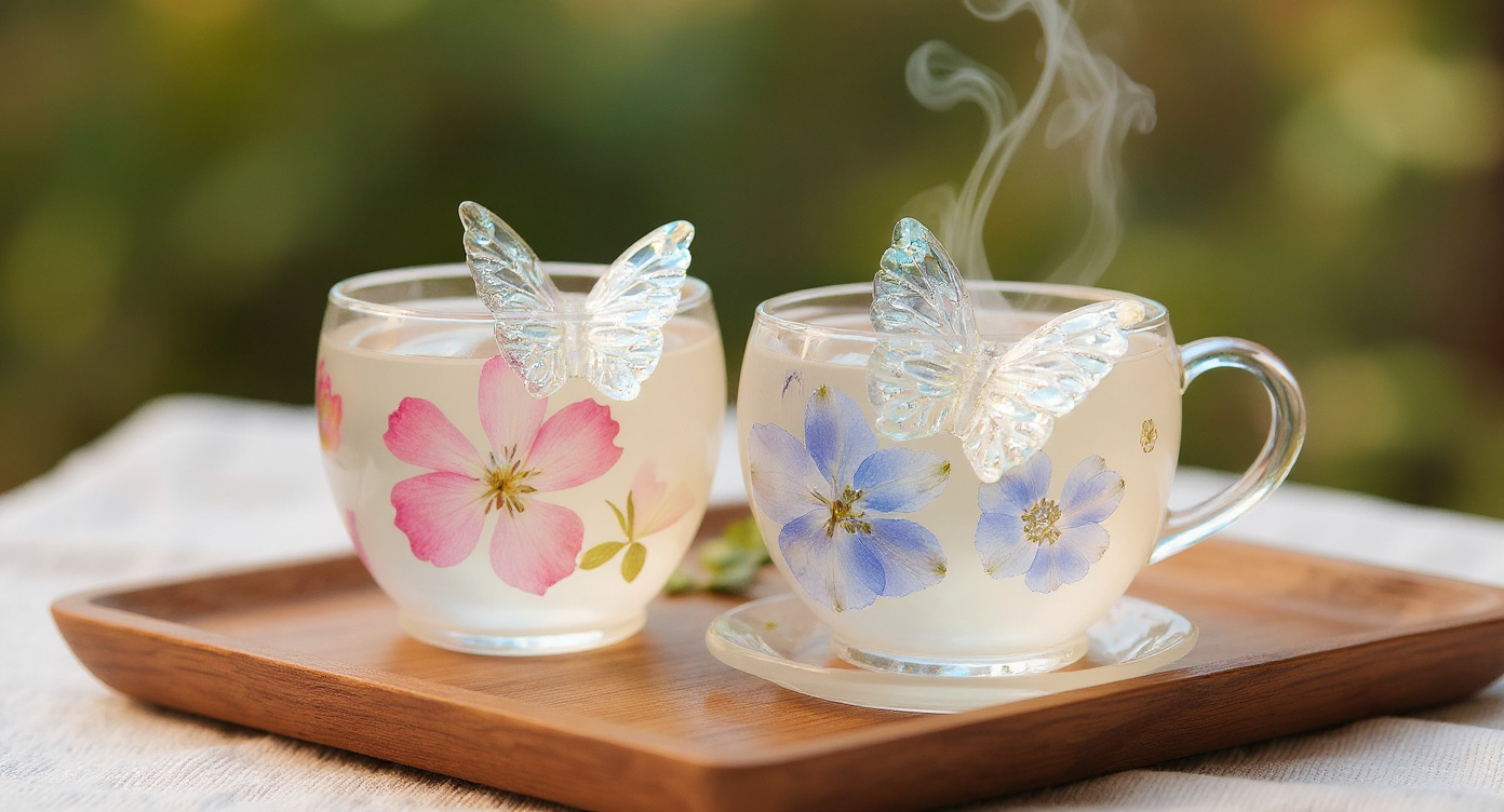 Overhead view of Handmade Pressed Flower Tea Cup Set with dried botanicals and brass spoon