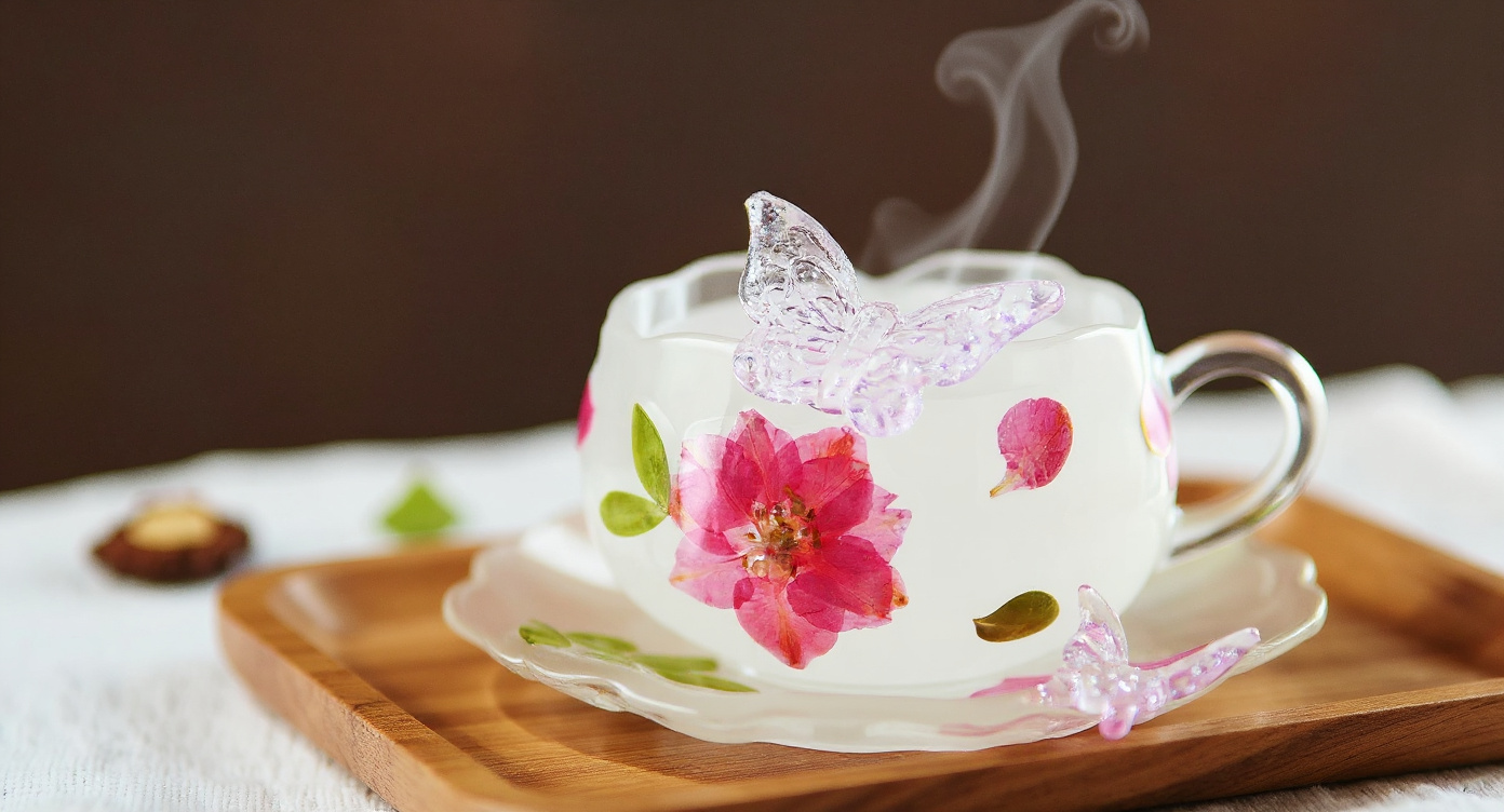 Steam rises from Handmade Pressed Flower Tea Cup Set with butterfly accent on wooden tray