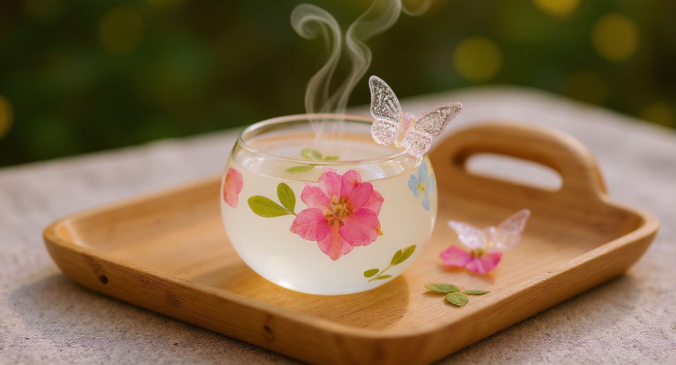 Handmade Pressed Flower Tea Cup Set on raw silk runner with lavender and cornflower sprigs