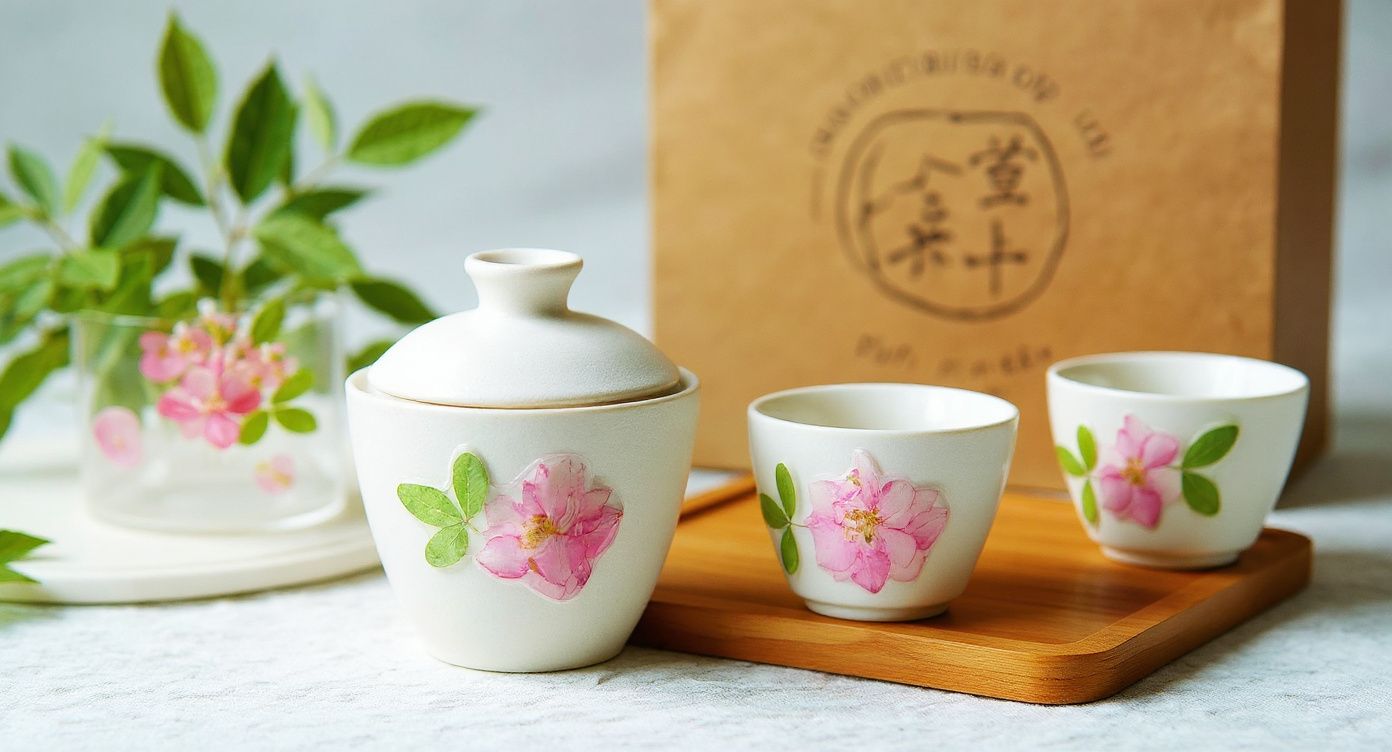 Handmade Frosted Porcelain Tea Set with real preserved flowers during a gongfu tea session.