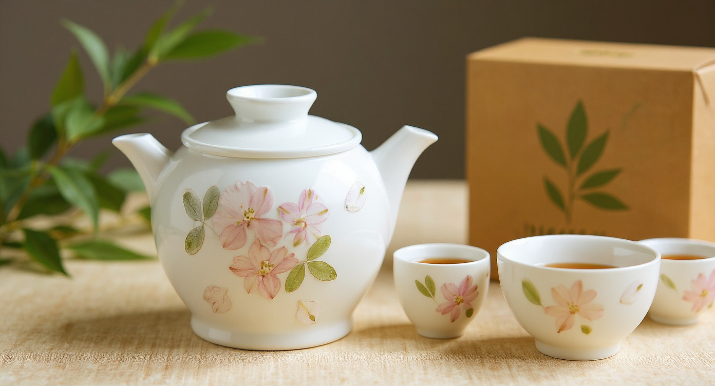 Handmade Frosted Porcelain Tea Set with real preserved flowers in eco kraft gift packaging.