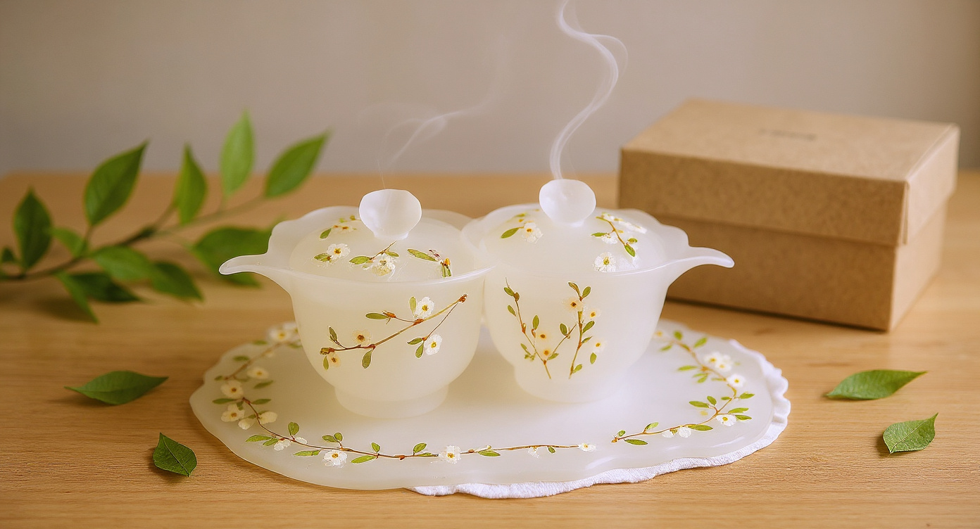 Close-up of Handmade Frosted Pearl Plum Blossom Tea Set showing raised preserved plum blossom petals.