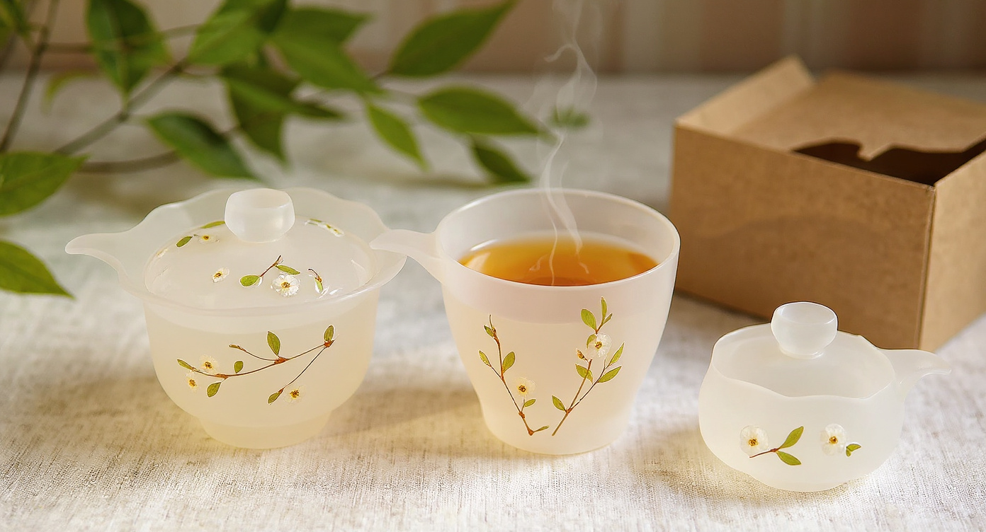 Handmade Frosted Pearl Plum Blossom Tea Set beside wooden tray, dried plum branches, and teaspoon.