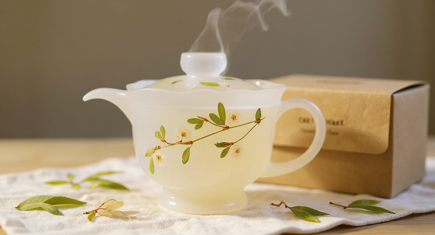 Top-down Handmade Frosted Pearl Plum Blossom Tea Set on cream linen with dried petals.
