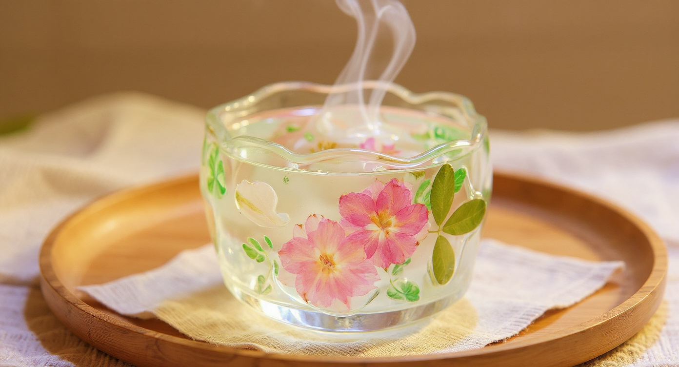 Macro detail of Handmade Green Crystal Lotus Glass Tea Cup with preserved flowers on linen