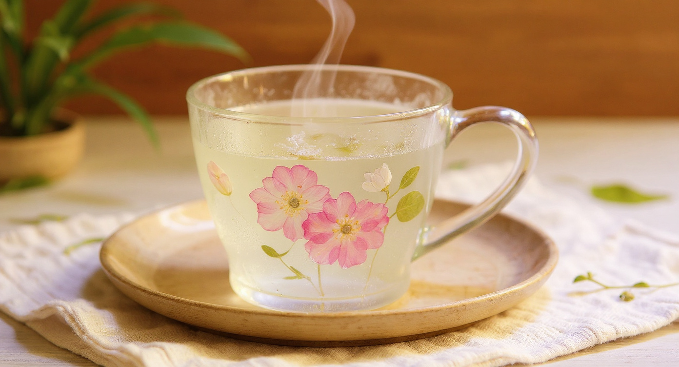 Handmade Green Crystal Lotus Glass Tea Cup with preserved flowers beside teapot and book