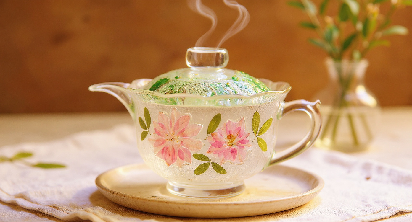 Top-down view of Handmade Green Crystal Lotus Glass Tea Cup with preserved flowers and botanicals