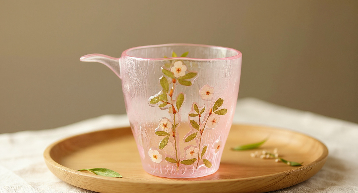 Handmade Pink Pearl Plum Blossom Glass Tea Cup on ceramic tray with botanical journal and dried blossoms